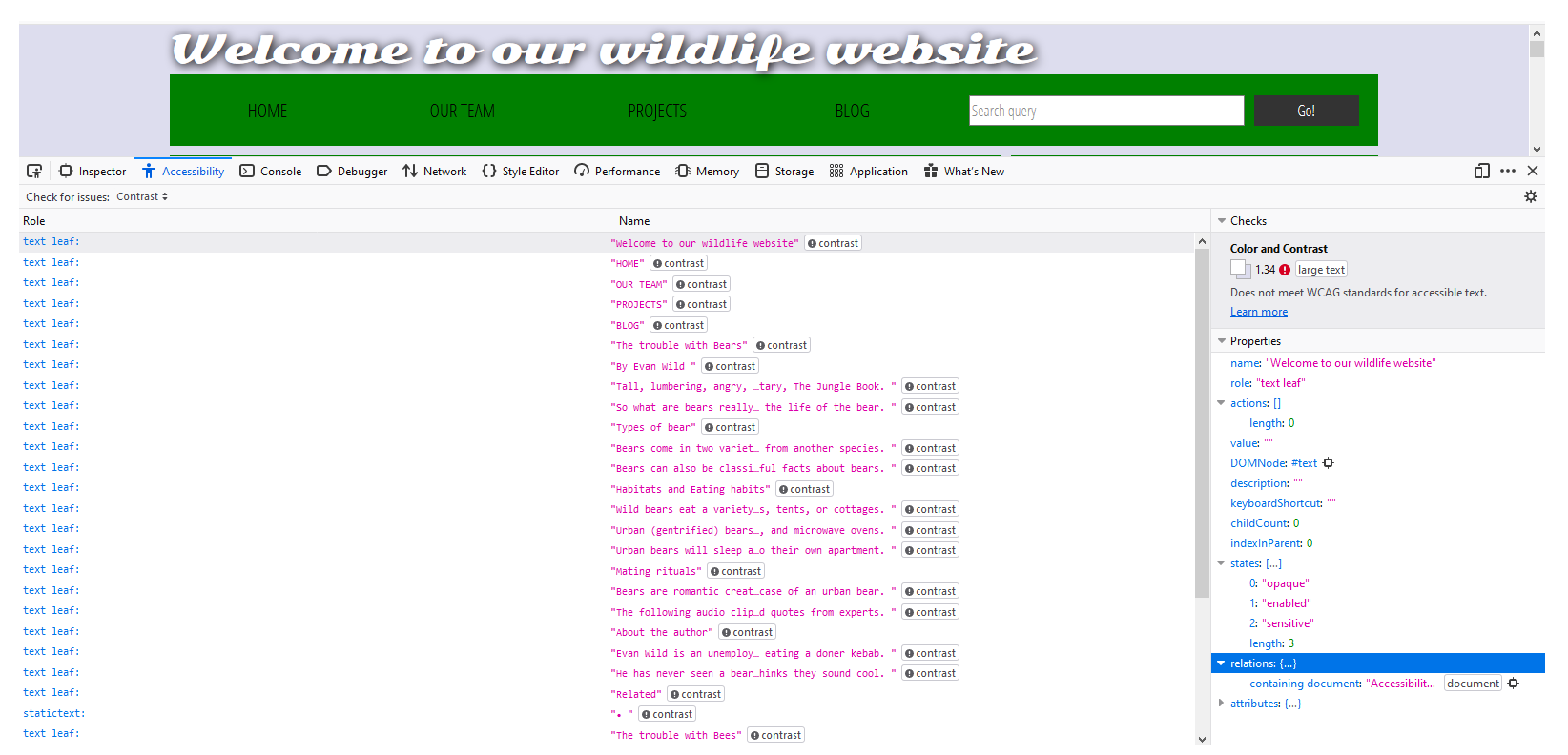 Picture of contrast test done in accessibility mode in Mozilla web browser