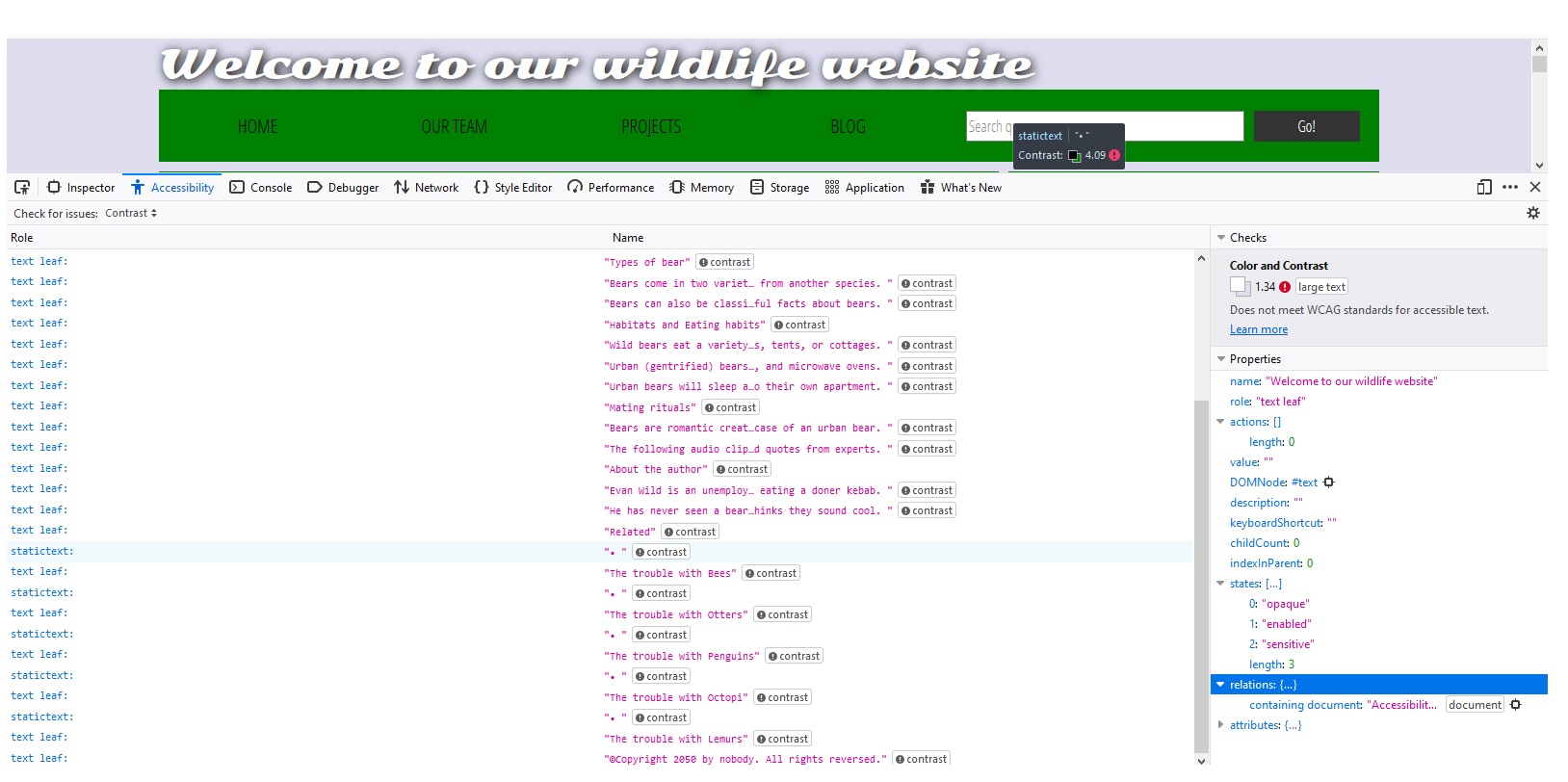 Picture of contrast test done in accessibility mode in Mozilla web browser